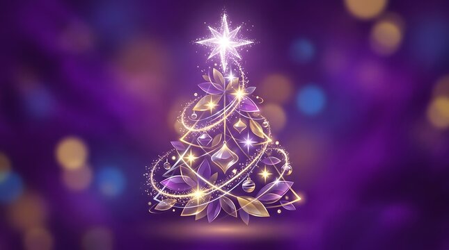 A beautiful stylized Christmas tree illustration featuring glowing golden lines purple leaves shimmering star accents and soft bokeh light effects on a deep background