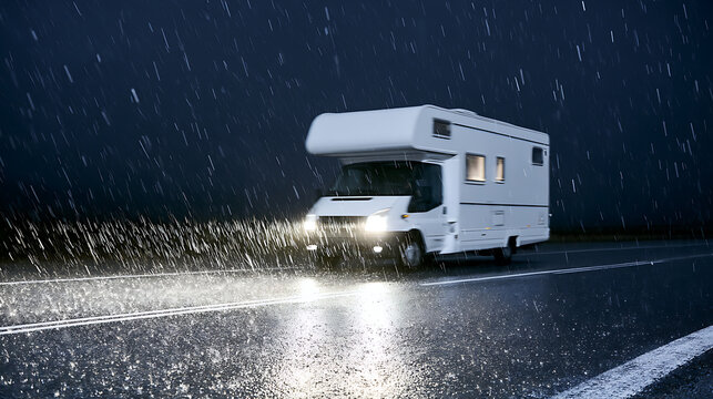 White Recreational Vehicle Travel Highway Stormy Night Harsh Weather Conditions Dark Sky Headlights Shine on Wet Road Adventure Journey Concept