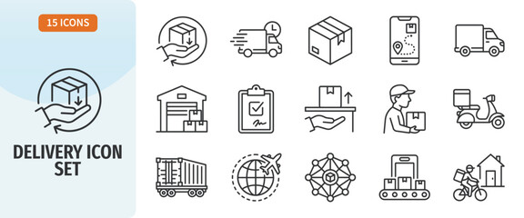 Fototapeta premium Delivery icon set logistics and shipping, warehouse, transport, tracking, courier, cargo, supply chain, global delivery, fast shipping, order processing, package handling, vector icons