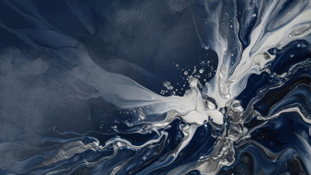 Sfondo astratto di pittura fluida blu e argento in movimento