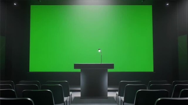 Empty Auditorium with Green Screen and Podium Ready for Presentation.