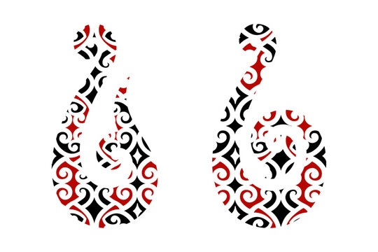 Traditional New Zealand Maori hei matau fish hook vector silhouettes with koru spiral patterns isolated on transparent background