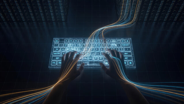Programmatore che lavora su tastiera olografica con connessione in fibra ottica