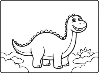 Black and white coloring page featuring a friendly cartoon brachiosaurus dinosaur standing among clouds and a sun, simple line for children © PixelSaga MH2 