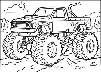 Black and white coloring page featuring a monster truck with large tires, exhaust pipe, and star decals in a landscape with sun, clouds, and trees © PixelSaga MH2 