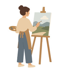 Fototapeta premium A female artist painting a landscape on an easel with a brush and palette in a flat vector illustration style featuring mountains and green hills