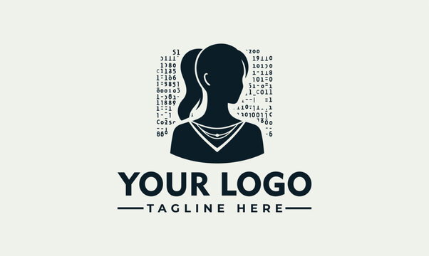 Vector illustration of a women coder logo design concept featuring a silhouette with binary code in the background