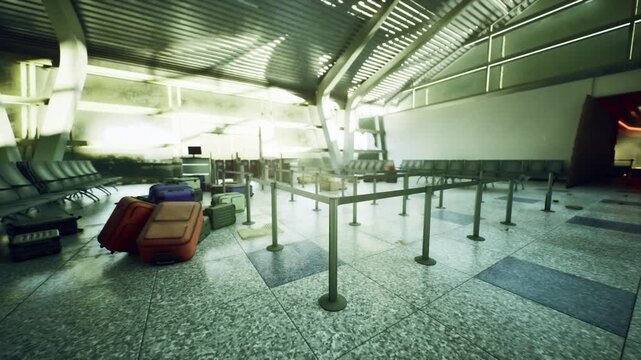 Empty gate area with scattered luggage and soft sunrise backlight, modern terminal architecture, empty seating rows, stanchions forming unused queue, silent