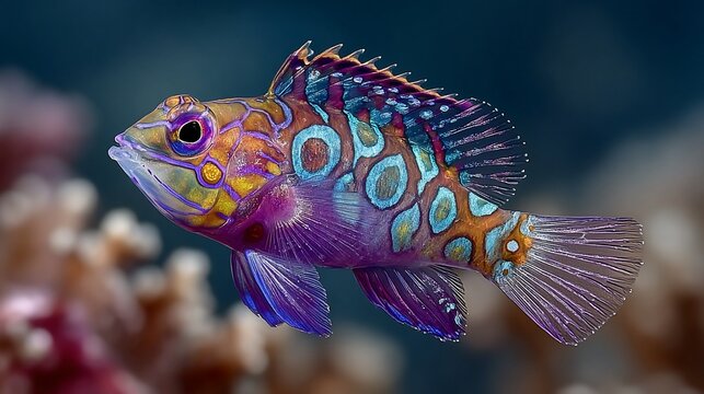 Vibrant mandarin dragonet swimming gracefully in its natural reef habitat deep underwater
