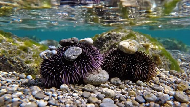 Underwater view of two sea urchins with rocks on the seafloor showing marine life and clear ocean water