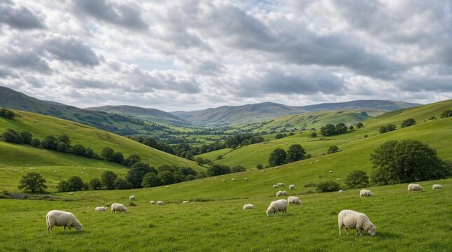 Sheep graze across lush rolling green hills under a dramatic cloudy sky, offering a peaceful rural landscape for travel, farming, or nature campaigns.