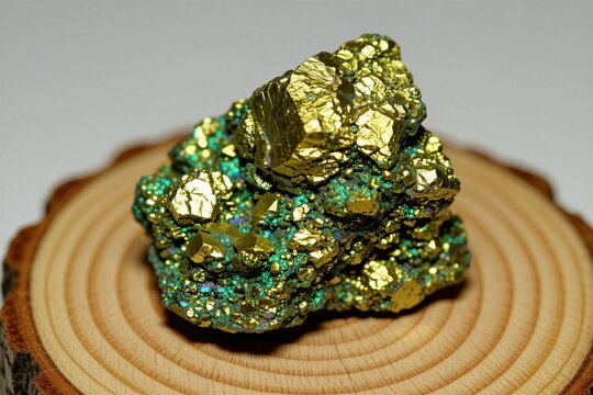 Raw chalcopyrite mineral sits on wooden stand. Copper pyrite rock displays bright gold metallic luster with green iridescent surface texture. Natural stone cluster shows crystalline geologic