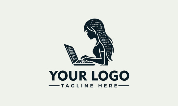 Women coder tech logo design concept with digital binary circuit matrix symbol