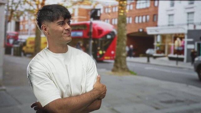 Man with arms crossed, smiling and looking aside by a red bus on a busy street lined with storefronts and trees; confidence casual ease.