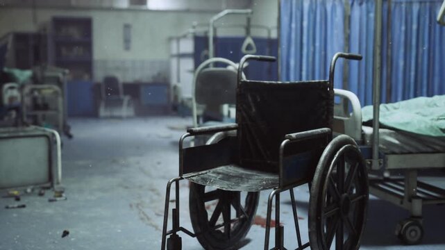 abandoned hospital ward with wheelchair and empty beds, dim fluorescent light, dust on linoleum floor, torn privacy curtains, discarded monitors, hollow quiet