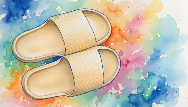 A creative top-down illustration of a pair of comfortable beige slide sandals or house slippers placed on a vibrant, artistic multi-color watercolor splash background. The soft pastel tones of the foo