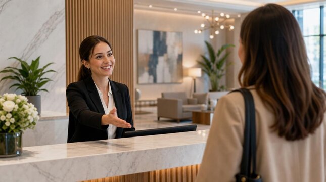 A smiling receptionist welcomes a guest at a marble front desk in a modern hotel lobby, suited for hospitality, customer service, and travel marketing.