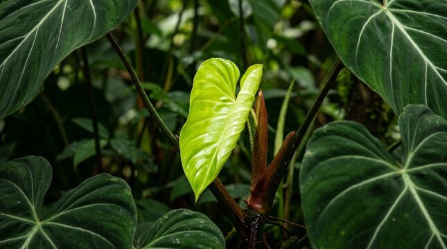 A bright new tropical leaf unfurls among large dark green heart-shaped foliage, suited for botanical, indoor jungle, wellness, and eco design campaigns.