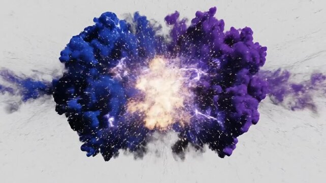 Epic explosion with blue and purple smoke effects and electrical flashes on a textured background.