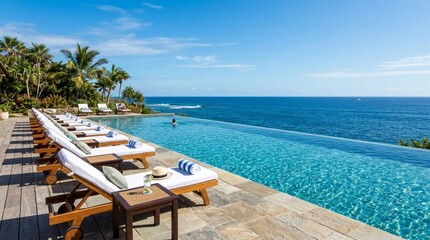 Fototapeta premium Luxury tropical resort terrace with infinity pool, ocean horizon, palm trees, and sun loungers, perfect for travel, spa, or vacation marketing.