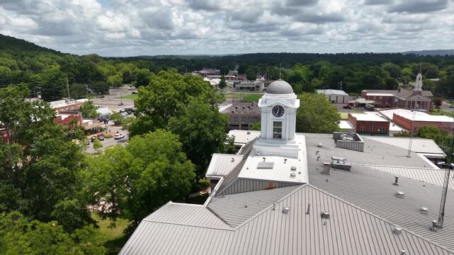 Aerial Close-Up of a White Church Steeple in Scottsboro, Alabama
