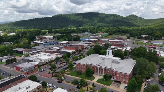 Aerial View of Downtown Buildings and Mountains in Scottsboro, Alabama