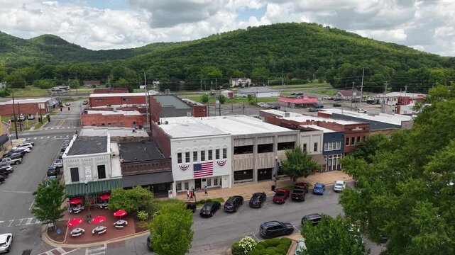 Aerial View of Main Street Buildings in Downtown Scottsboro, Alabama