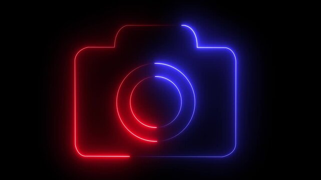 Glowing neon camera icon isolated , recording, and film themes. Social media video camera icon for app. camera frame pictogram photograph animated