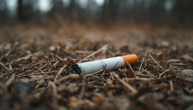 Discarded cigarette butt smolders on dry forest ground, creating a potential wildfire hazard. Concepts: fire prevention, environmental responsibility, drought, pollution, climate risk.