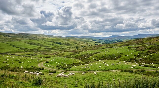 Sheep graze across rolling green hills under a dramatic cloudy sky, offering a peaceful rural landscape for travel, agriculture, or nature promotion.