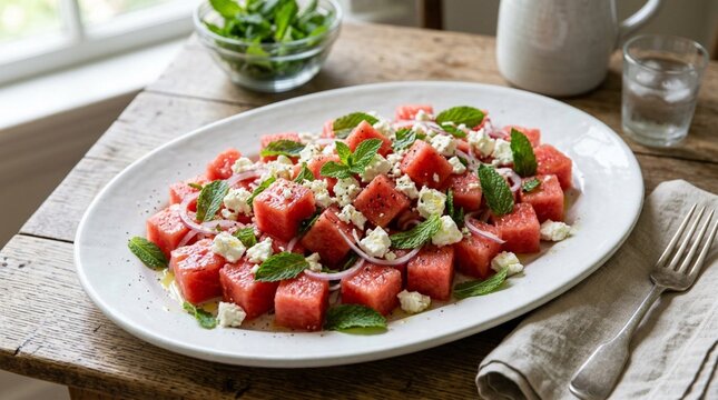 A fresh watermelon salad with crumbled feta, mint leaves, red onion, olive oil, and pepper on a rustic table suits healthy summer menu advertising.