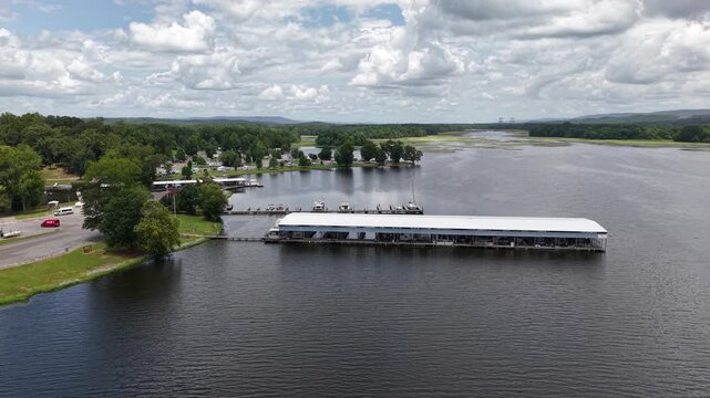 Aerial View of Covered Boat Docks on the River in Scottsboro, Alabama
