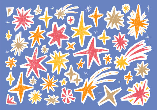 Paper cutout elements in star shape drawn with crayon and chalk pencil. Colorful stars, twinkles, blinks and sparks with scribble texture. Scrapbook elements. Vector illustration