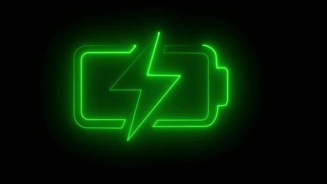 Bright neon electric battery icon power baton icon black background.