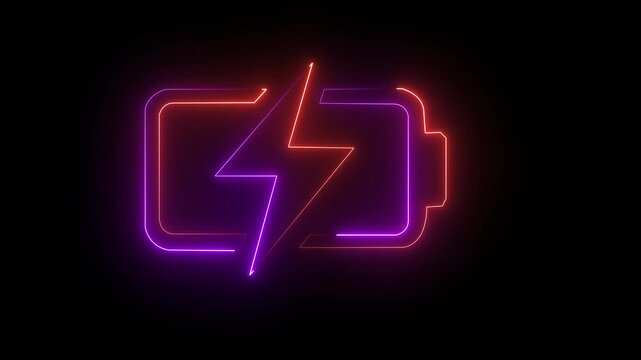 Bright neon electric battery icon power baton icon black background.