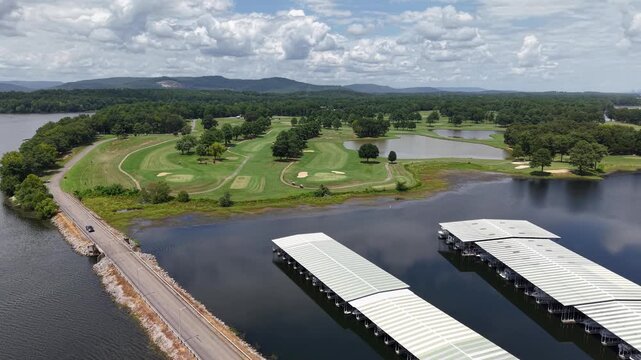 Aerial View of Golf Course and Lake Docks in Scottsboro, Alabama