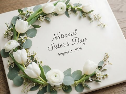 National sisters day greeting card with white flower wreath