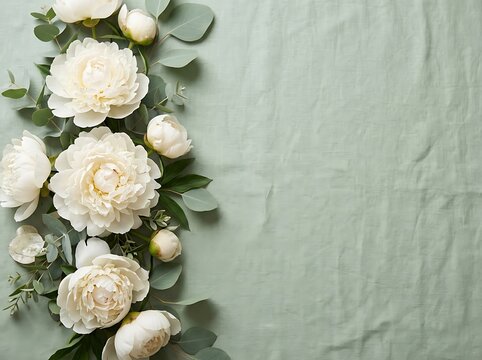 White peony flowers on a grey rustic wooden background