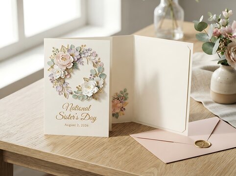 National sisters day greeting card on a wooden table
