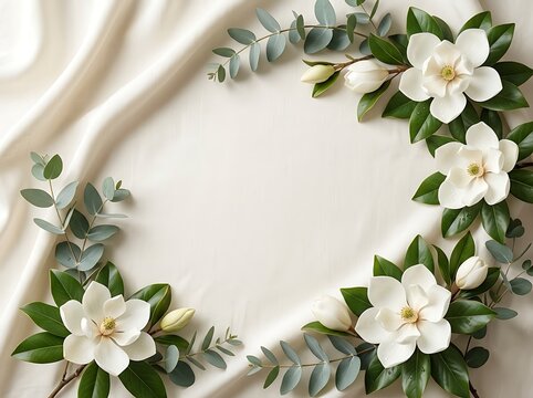 Beautiful white magnolia flowers and green leaves border frame
