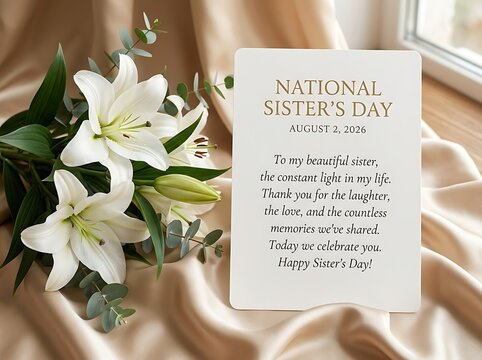 National sister day greeting card with white lily flowers