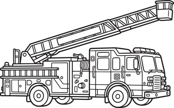 Black and white line of a fire truck with an extended aerial ladder and rescue bucket, side view profile