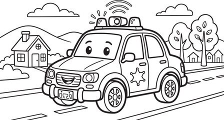 Coloring page for children featuring a cute, anthropomorphic police car with a smiling face, driving on a road past a suburban house and trees, black and white line © PixelSaga MH2 