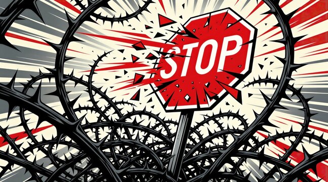 Abstract graphic art shows red stop road sign emerging from tangled mass of sharp black thorns. Spiky brambles surround metallic warning plate in hostile environment. Chaotic illustration reflects