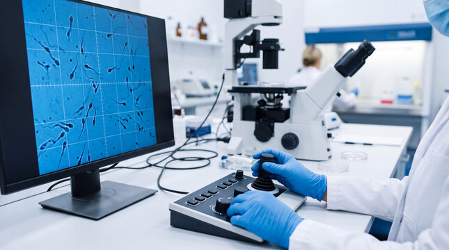 Realistic IVF laboratory photograph of embryologist wearing blue nitrile gloves analyzing sperm motility on a high-definition microscopy display, fertility treatment, embryology and reproductive scien