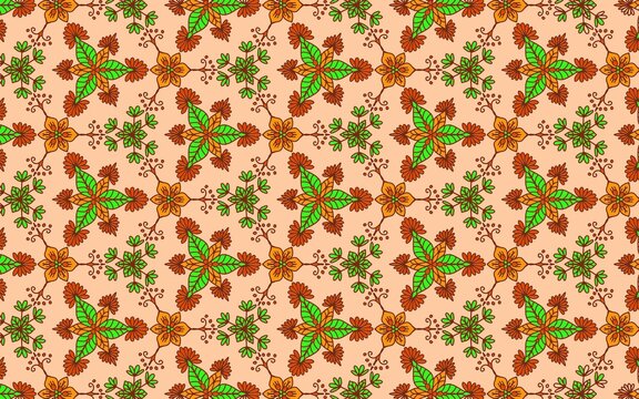 Colorful autumn folk art floral seamless pattern with orange and green botanical background
