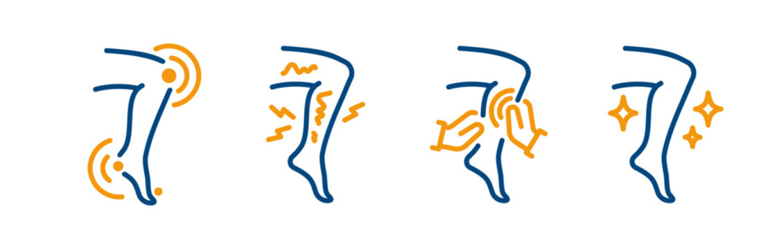 set of simple leg icons, consisting of knee or joint pain, varicose veins, leg massage, beautiful legs, blue and yellow linear icon