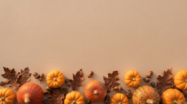 Autumn Harvest Border: A festive arrangement of pumpkins, acorns, and oak leaves forms a charming border, celebrating the vibrant colors and bountiful spirit of the fall season.