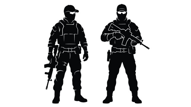Two tactical soldiers wearing protective gear and carrying modern rifles in a sharp black silhouette design