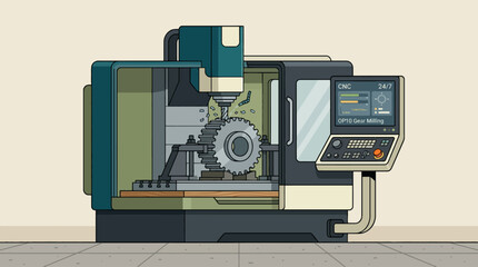 Modern CNC milling machine cutting a metal gear part in a factory. © ar1